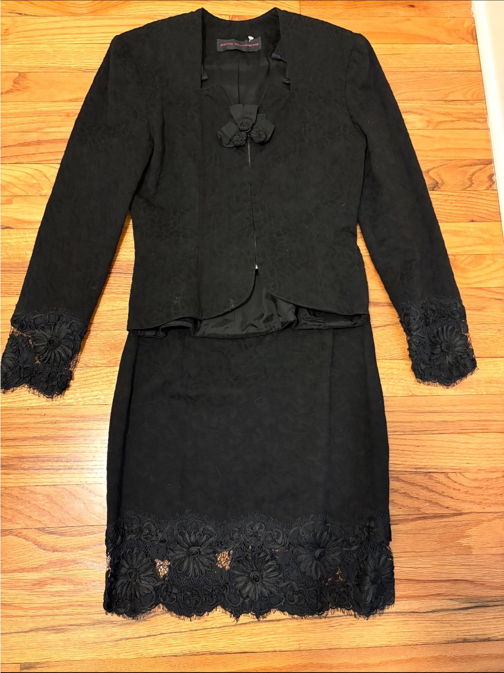 VINTAGE! Black Floral Lace Trim Skirt Suit